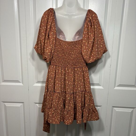 Altar’d State Danielyn Dress Womens L Brown Floral Cottagecore Puff Sleeve Boho - Picture 5 of 10